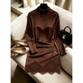 thumbnail image 3 of Women's Brown Satin Mock Neck Long Sleeve Mini Dress Ruched Waist Lace Hem Bodycon Slim Fit Party Dress, 3 of 8