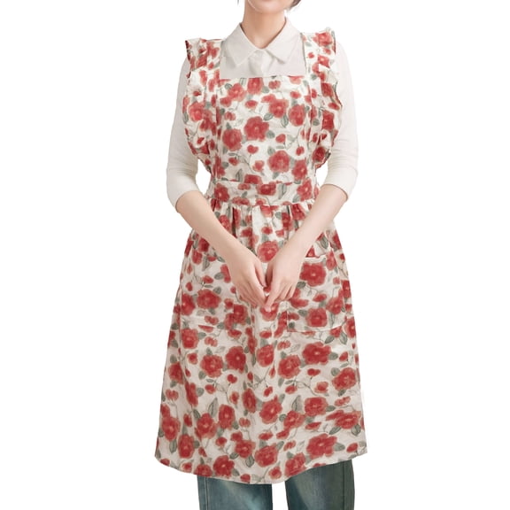 HonorHut Vintage Floral Apron with Ruffle Adjustable Waist Belt Pinafore Kitchen Apron with 2 Pockets for Cooking Baking Drawing Yellow