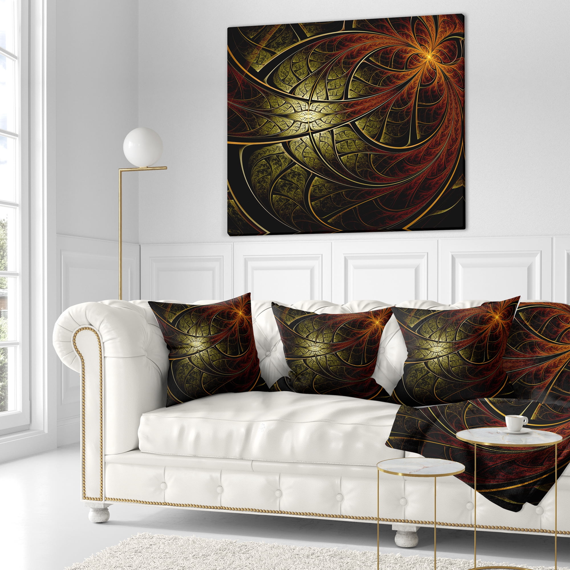 Designart Red Yellow Metallic Fabric Flower - Abstract Throw Pillow - 16x16