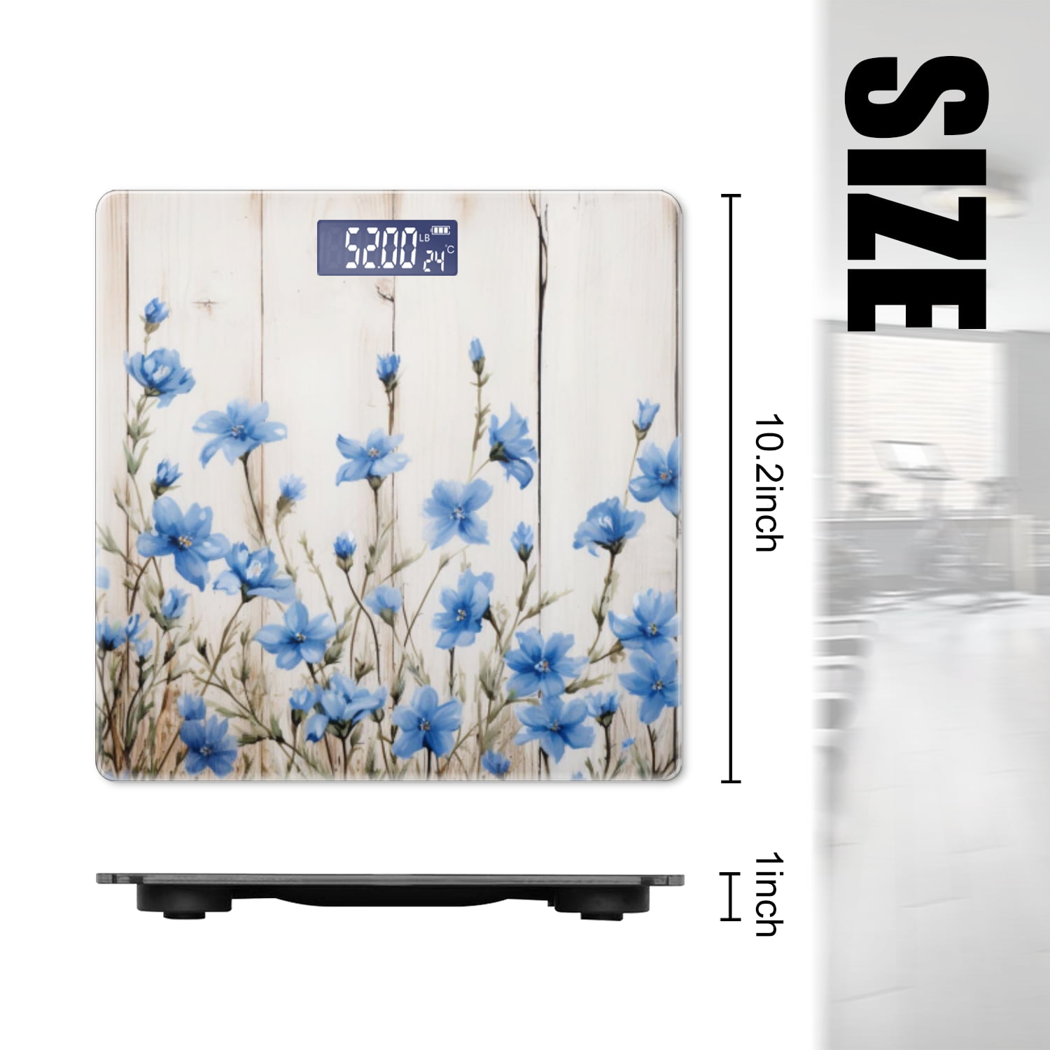 High Precision Body Weight Scale Smart Bathroom Scales with Large LCD Display(400lbs),Decorative for Bedroom-Blue Wildflowers On White Wooden Backdrop