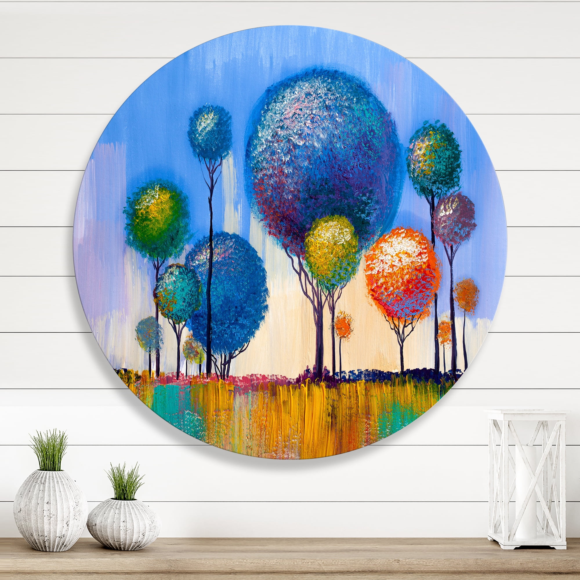 Designart 'Colourful Landscape Trees Impressionist I' Modern Circle Metal Wall Art 23x23 - Disc of 23