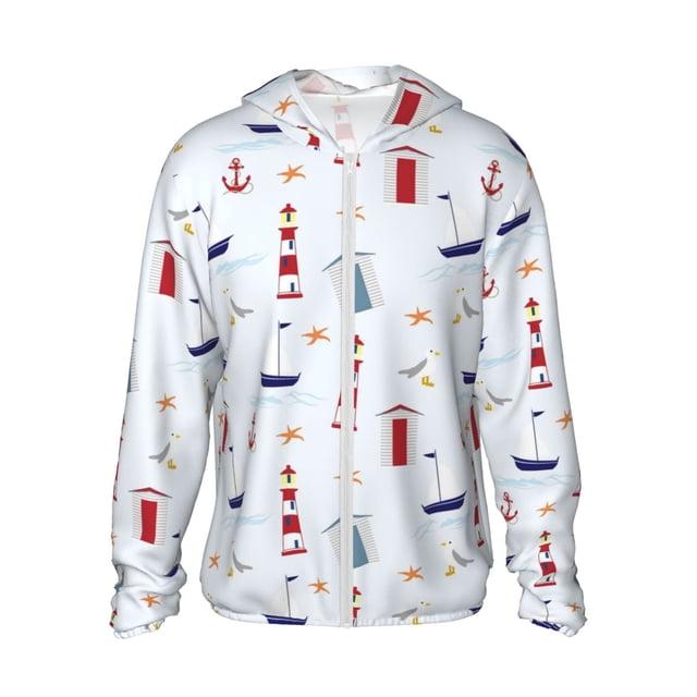 Balery Nautical Lighthouse Sailboat Sudadera ligera de manga larga con capucha y protección solar UPF 50+ para hombre y mujer, ideal para pesca y running-XX-Large