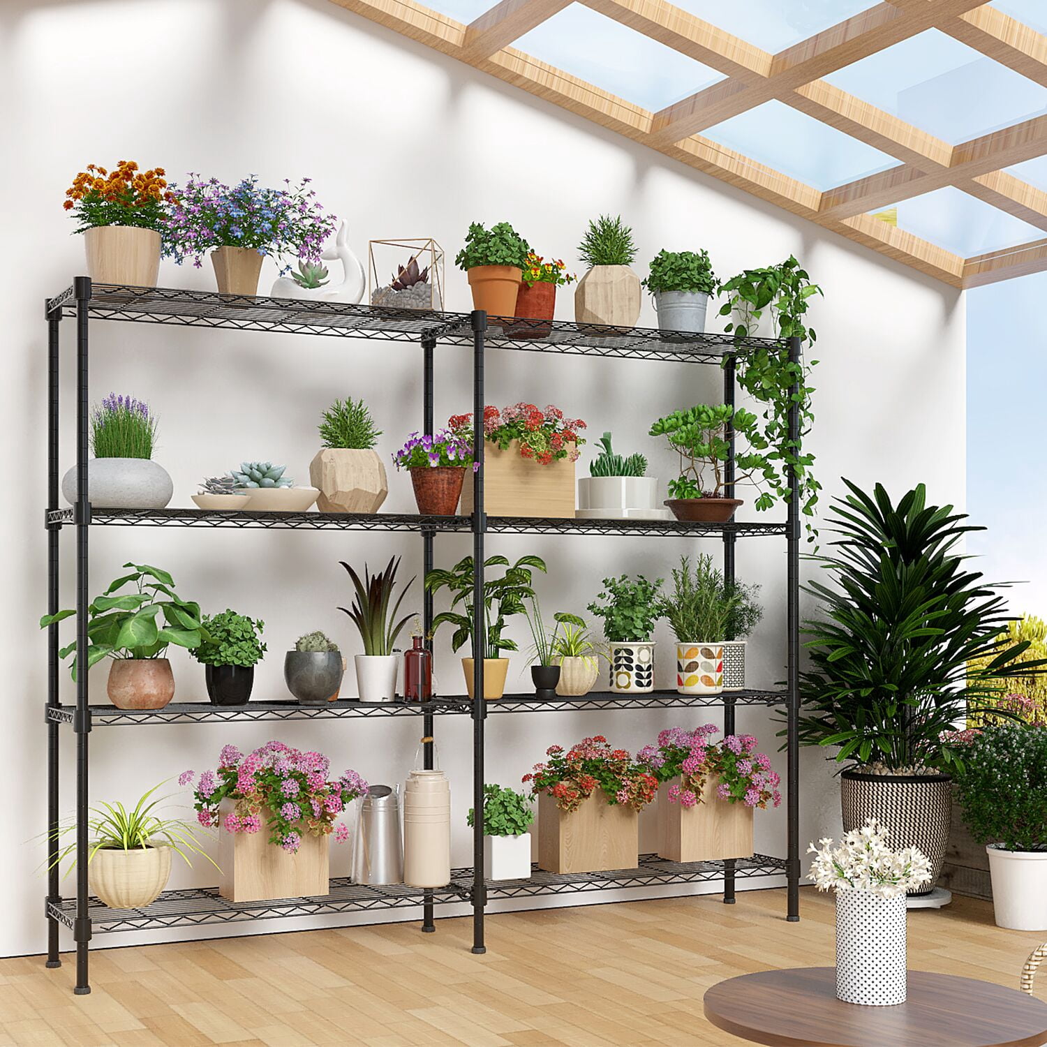4-Tier Double Row Display Rack - 147x35x150cm, Sturdy Iron with Powder-Coated Black Finish, Adjustable Tier Spacing, for Retail,Home,Office