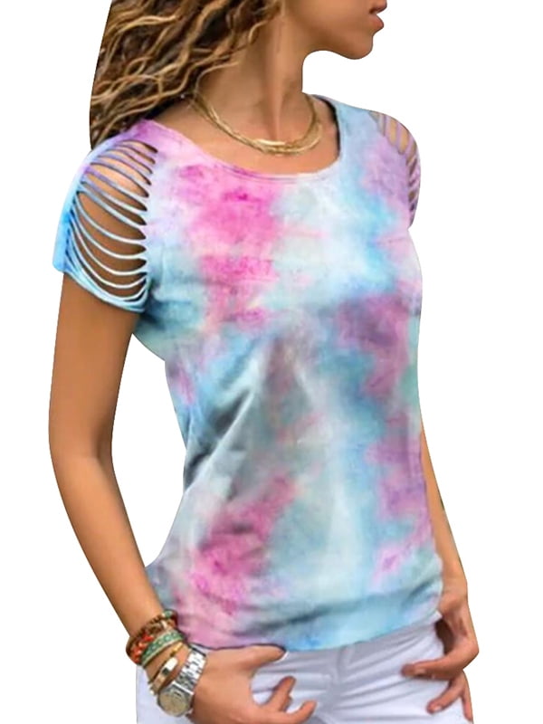 Tops for Women Summer,Womens Casual Summer T Shirts Tie Dye Print Short Sleeve Tunic Criss Cross Strappy Cold Shoulder Tops