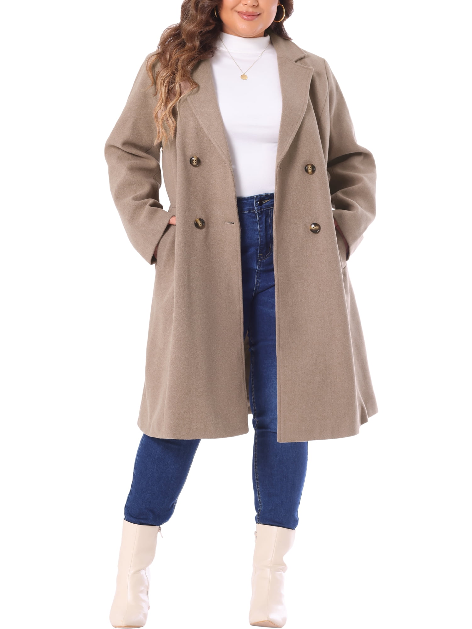 DARING DIVA Women's Plus Size Notched Lapel Warm Double Breasted Coat 4X Light Brown