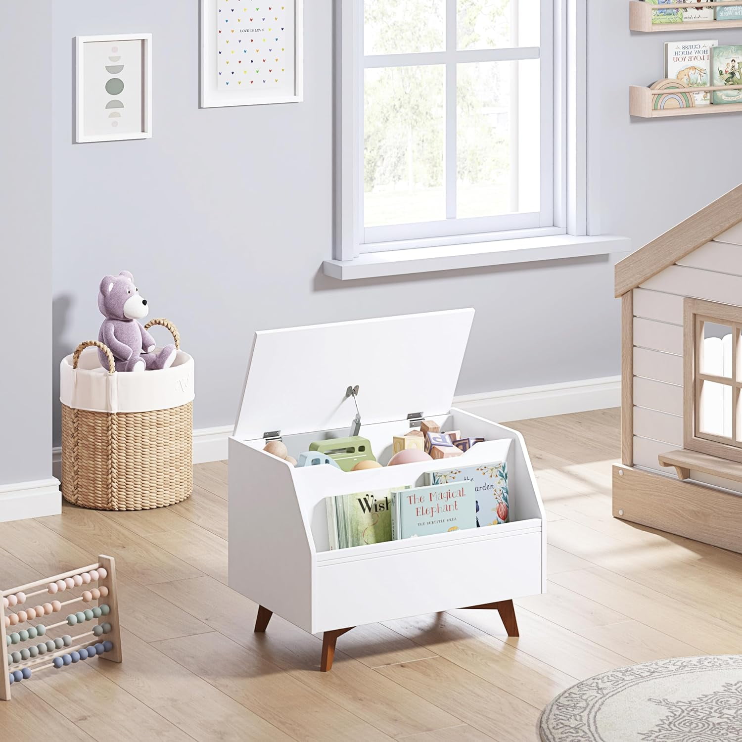 Kids Toy Box with Bookshelf Storage Organizer  for Boys and Girls, White Wooden Toy Chest with Safety Lid and Front Book Rack for Playroom Bedroom