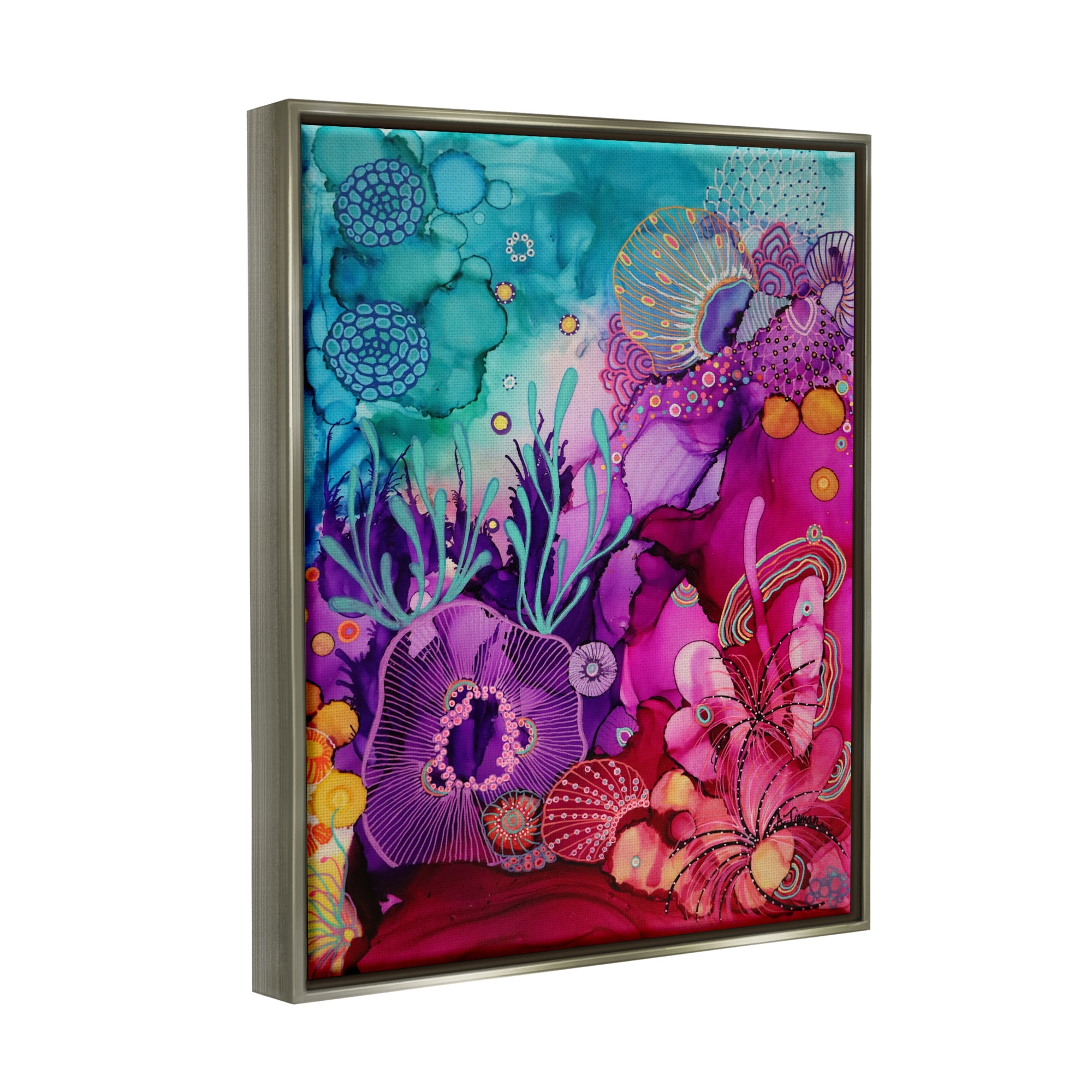 Stupell Industries Abstract Coral Pattern Abstract Painting Gray Floater Framed Canvas Art Print Wall Art, 17 x 21