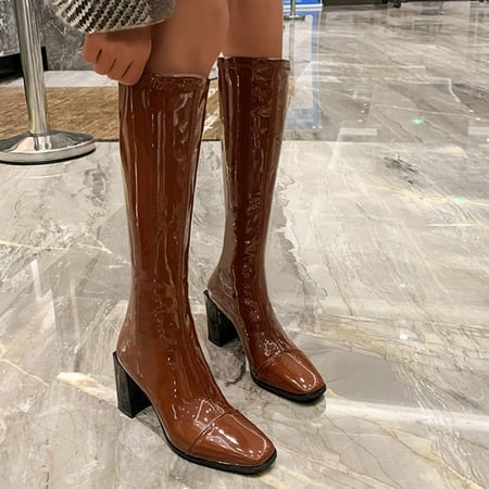

New Years Eve Outfit Womens Boots Shoes Winter Snow Boots For Womenladies Fashion Solid Color Bright Leather Back Zip High Heel Boots Gifts For Women Her Birthday Gifts For Women
