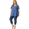 thumbnail image 3 of GRACE & GRANDEUR Blouse Femme Grande Taille Décontractée Col en V Manches Courtes Chambray Tops, 3 of 5