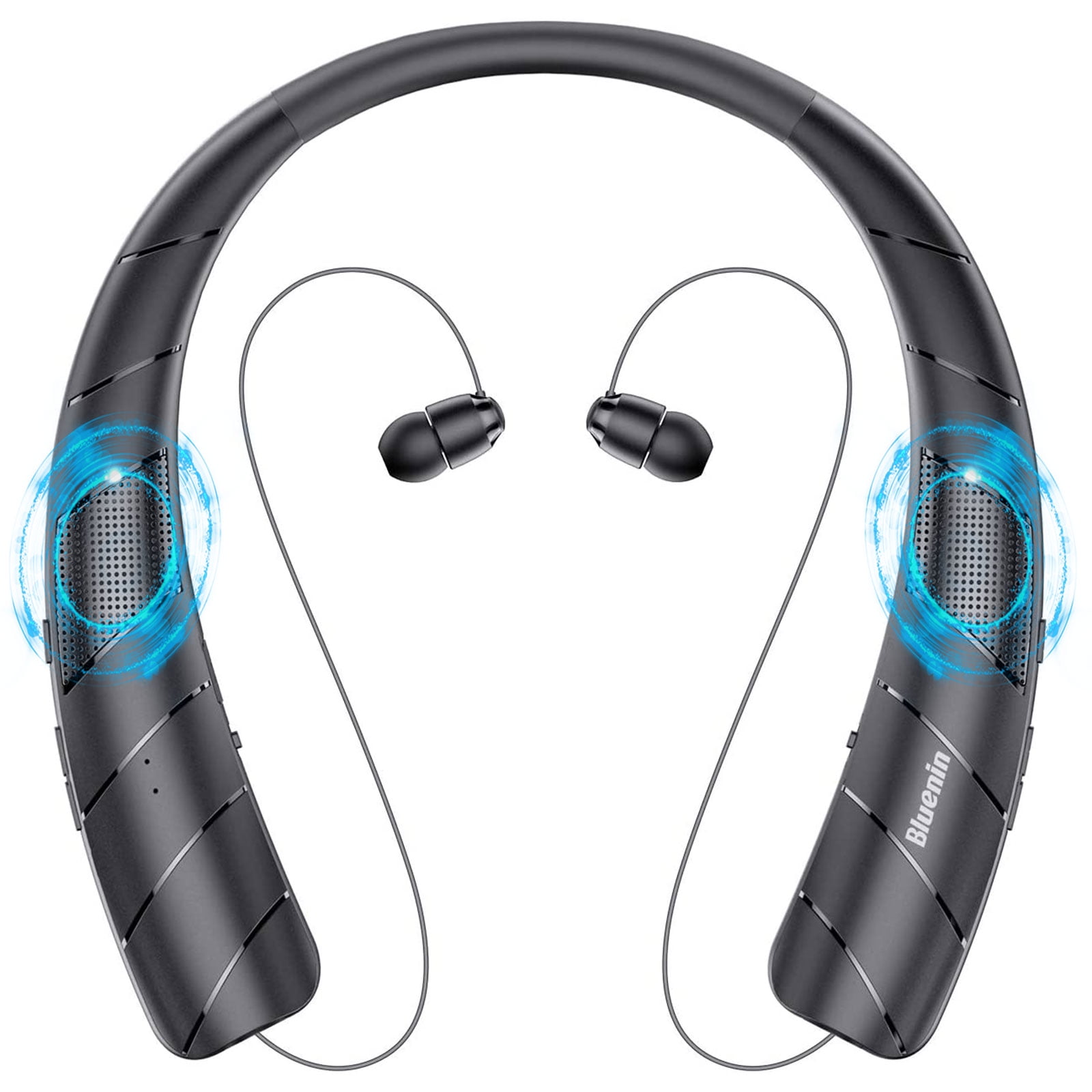 Bluetooth Headphones Speaker 2 in 1, EEEkit Neckband Wireless Headphones with Noise Cancelling Mic Retractable Earbuds, Sweatproof Wearable Stereo Earphones for Home Office Sports, Black