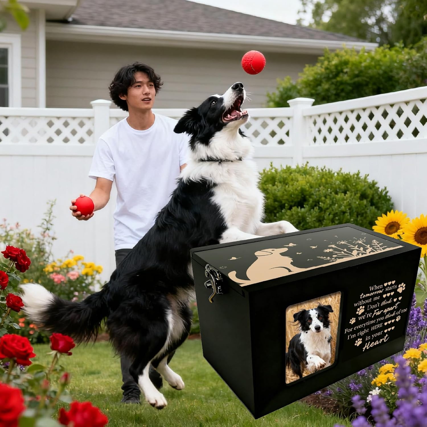 Dog Pet Urn Wooden Pet Memorial Box Dog Flower Butterfly Words Pattern Rectangle Storage Containers Cremation Box with oto Frame