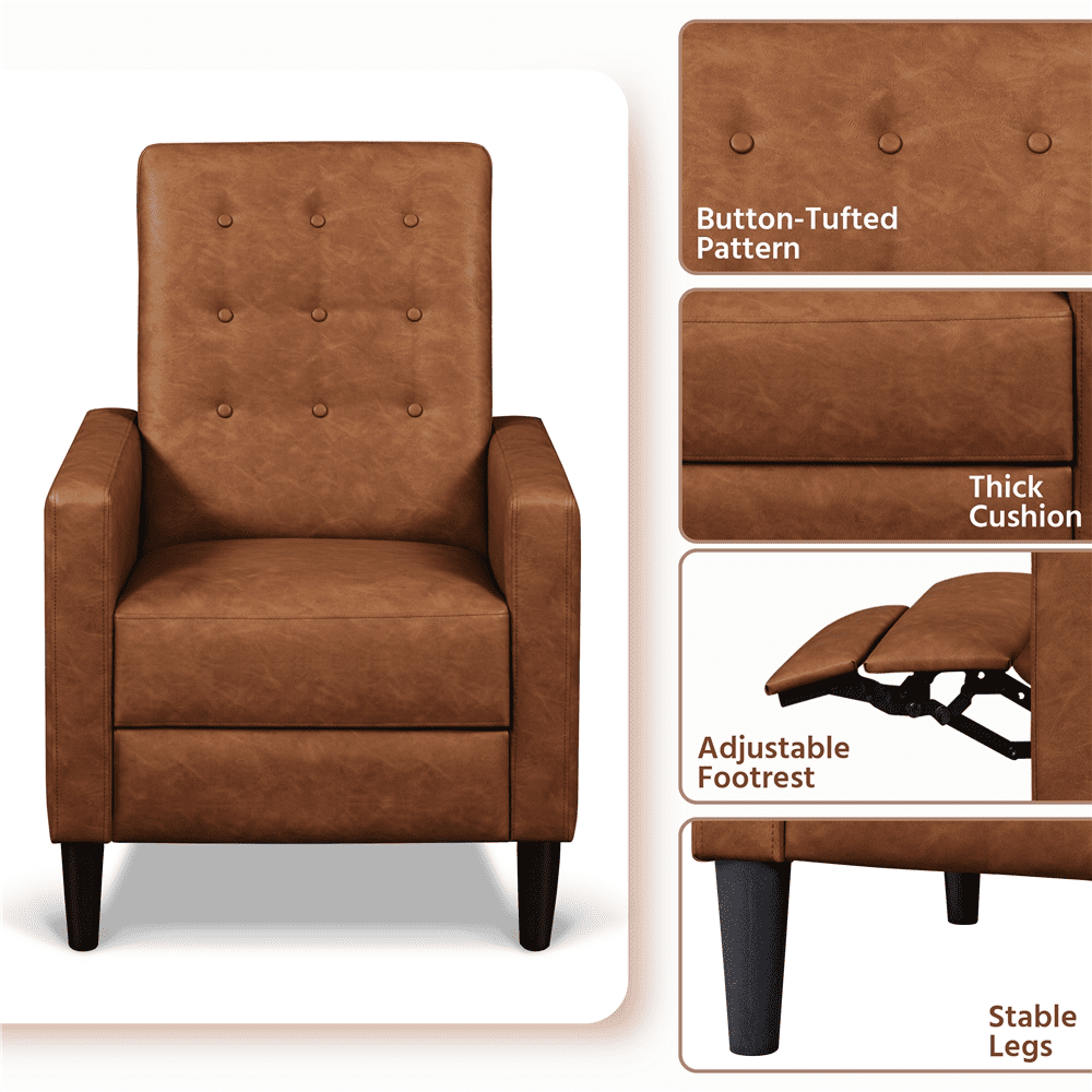 Alden Design Modern Tufted Faux Leather Recliner with Footrest for Living Room, Brown