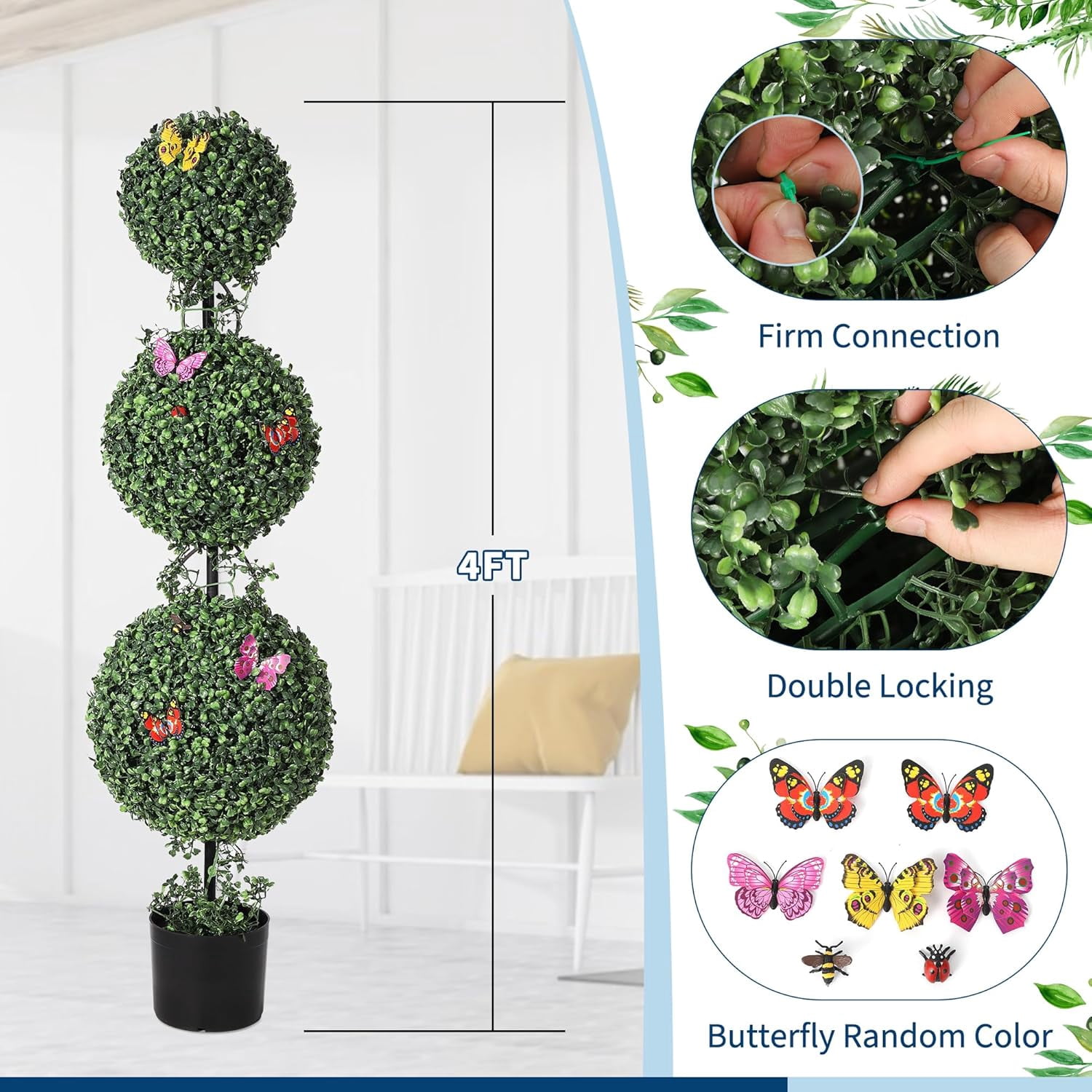 EastVita 4 FT Artificial Triple Ball Topiary Trees with Pot 2 PCS Topiary Trees Artificial Outdoor with Moss Vine Insect Decor All Year Green Outdoor Faux Plants for Front Porch Home Decor