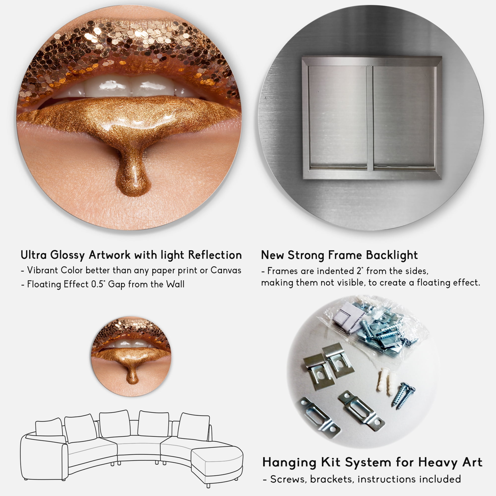 Designart 'Close-Up Of Woman Make-Up Of Gold Liquid Lips' Modern Circle Metal Wall Art 11x11 - Disc of 11