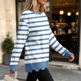 thumbnail image 3 of Dzrciro Sweatshirt for Women, Stripe Long Sleeve Crew Neck Blue Pullover Tops with Scalloped Hem, Fall Casual Loose Comfy Sweatshirts S-2XL, 3 of 8