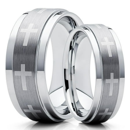 Silly Kings Jewelry His And Hers 6mm 8mm Christian Ring Tungsten Wedding Band Cross Tungsten Wedding Ring Walmart Com