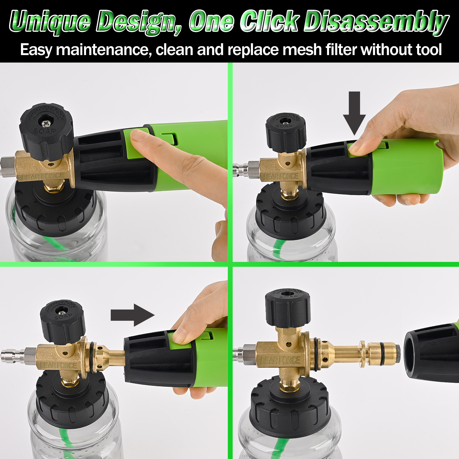 Bear Force Pressure Washer Brass Foam Cannon (Wide Mouth) – Car Wash Snow Foam Lance Pressure Washer Foam Sprayer for Car Washing with 360° Adjustable Thick Foam + 1/4 Quick Connector, 32oz Bottle