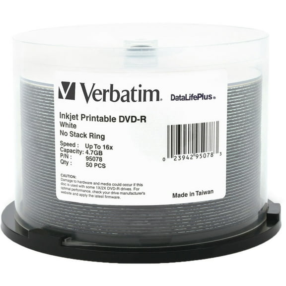 Verbatim 4.7GB 16X DVD-R White Inkjet Printable 50 Packs Spindle DVD Media