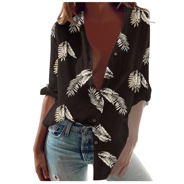 Camisas Para Mujer Camisetas de Gran Tamaño Blusa Casual de Manga Larga Estampado de Cuello Redondo Camisa Suelta Tops Botones Cárdigan Odeerbi ODB134671