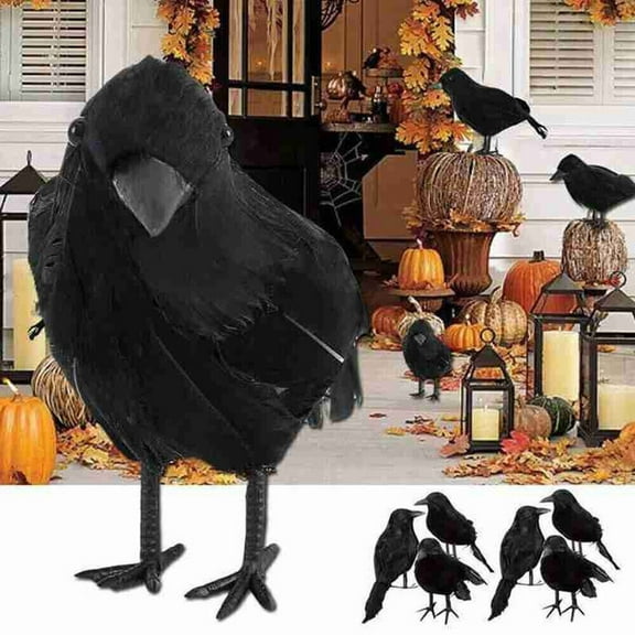 Desktop Ornament 2 Realistic Black Feathered Halloween Birds Set for Desktop and Seasonal Display 6PCS