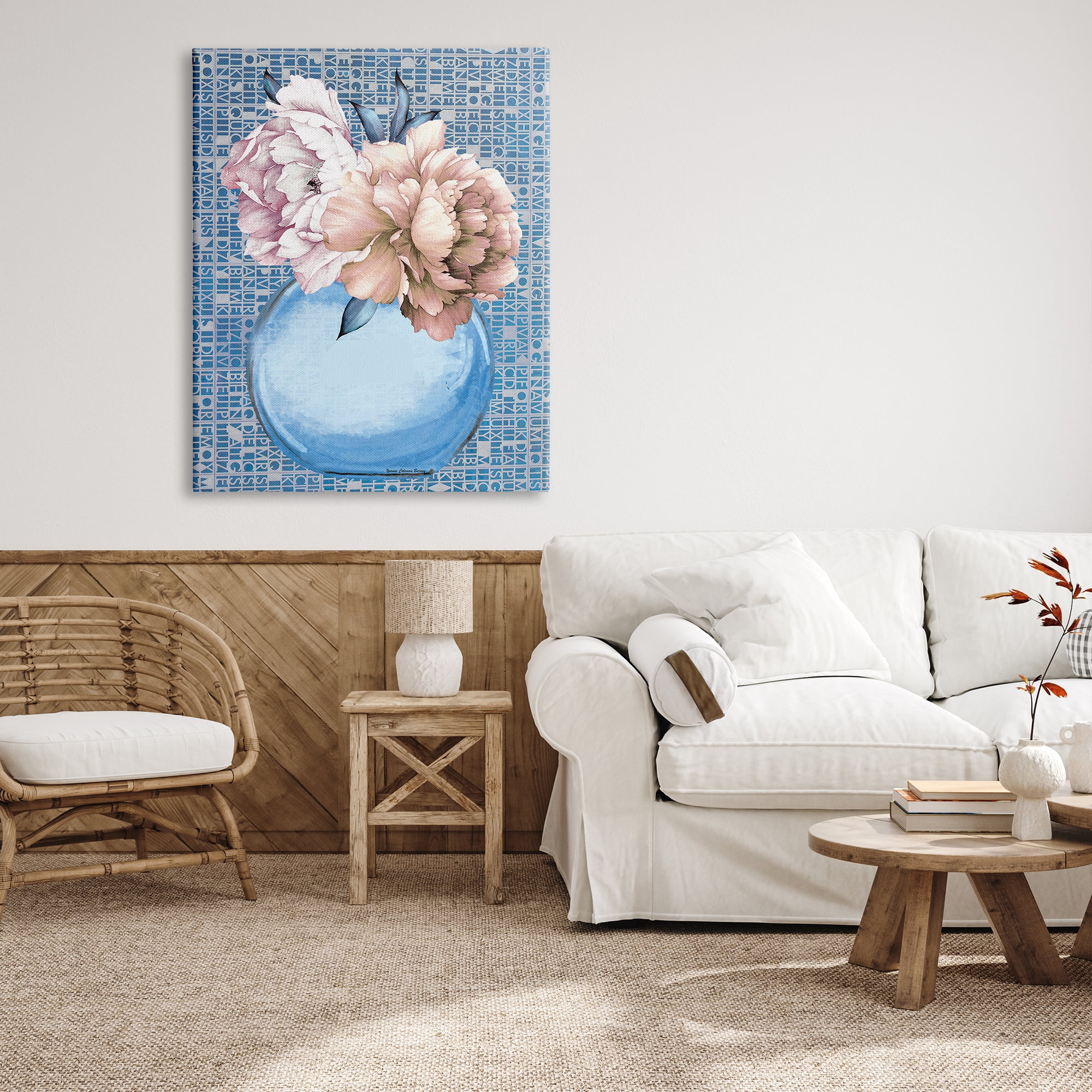Stupell Industries Peonies on Typography Pattern Botanical & Floral Painting Gallery Wrapped Canvas Print Wall Art, 36 x 48