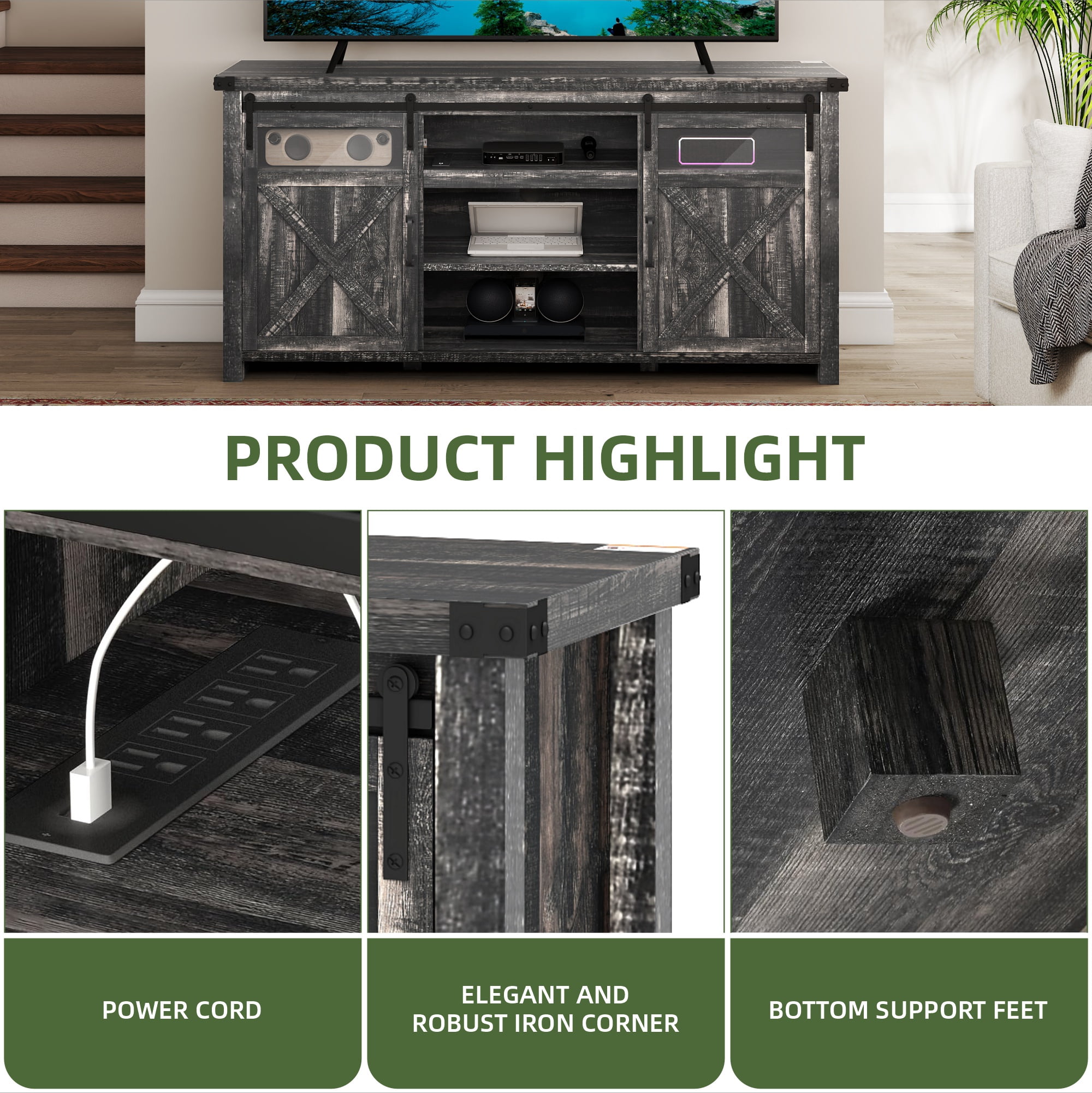 Uforic Farmhouse TV Stand for 75 inch TV, Entertainment Center with Power Outlet, Storage Drawers, TV Console,Dark Rustic Oak