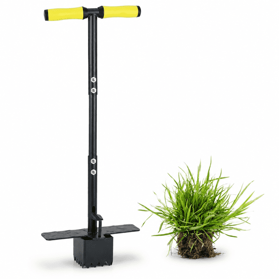 Sod Plugger Tool 36-INCH, Grass Plug Tool 3 x 3 Square with Serrated Base, Bulb Planter Tool Long Handle with Dual Pedals & Easy Foot Ejector, Sod Turf Cutter for Lawn Planting Grass Repair