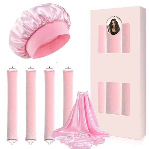 Heatless Curls Overnight Hair Curler Set, Overnight Blowout Rods, No Heat Curls Flexi Rods, Jumbo Curling Rollers with Satin Scarf & Sleep Cap, Pink
