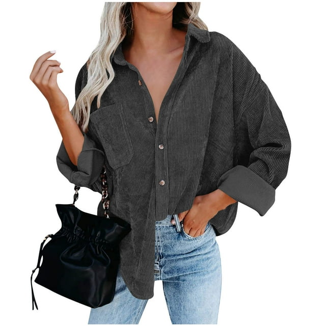 FAIWAD Womens Corduroy Shirts Long Sleeve Collared Button Down Blouses Oversized Casual Shackets
