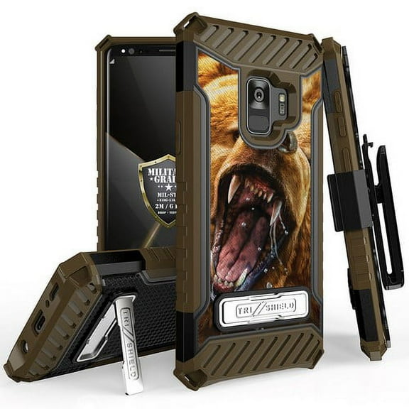 Galaxy S9 Case, Trishield Durable Rugged Heavy Duty Phone Cover With Detachable Lanyard Loop Belt Clip Holster And Built in kickstand For Samsung Galaxy S9 - Printed Grizzly Bear Outdoors