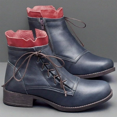 

Bilu Platform Boots Women Shoes Hasp Mid Heel Flat Bottom Zipper Laceing Fashion Glossy Buckle Leath Boots For Men