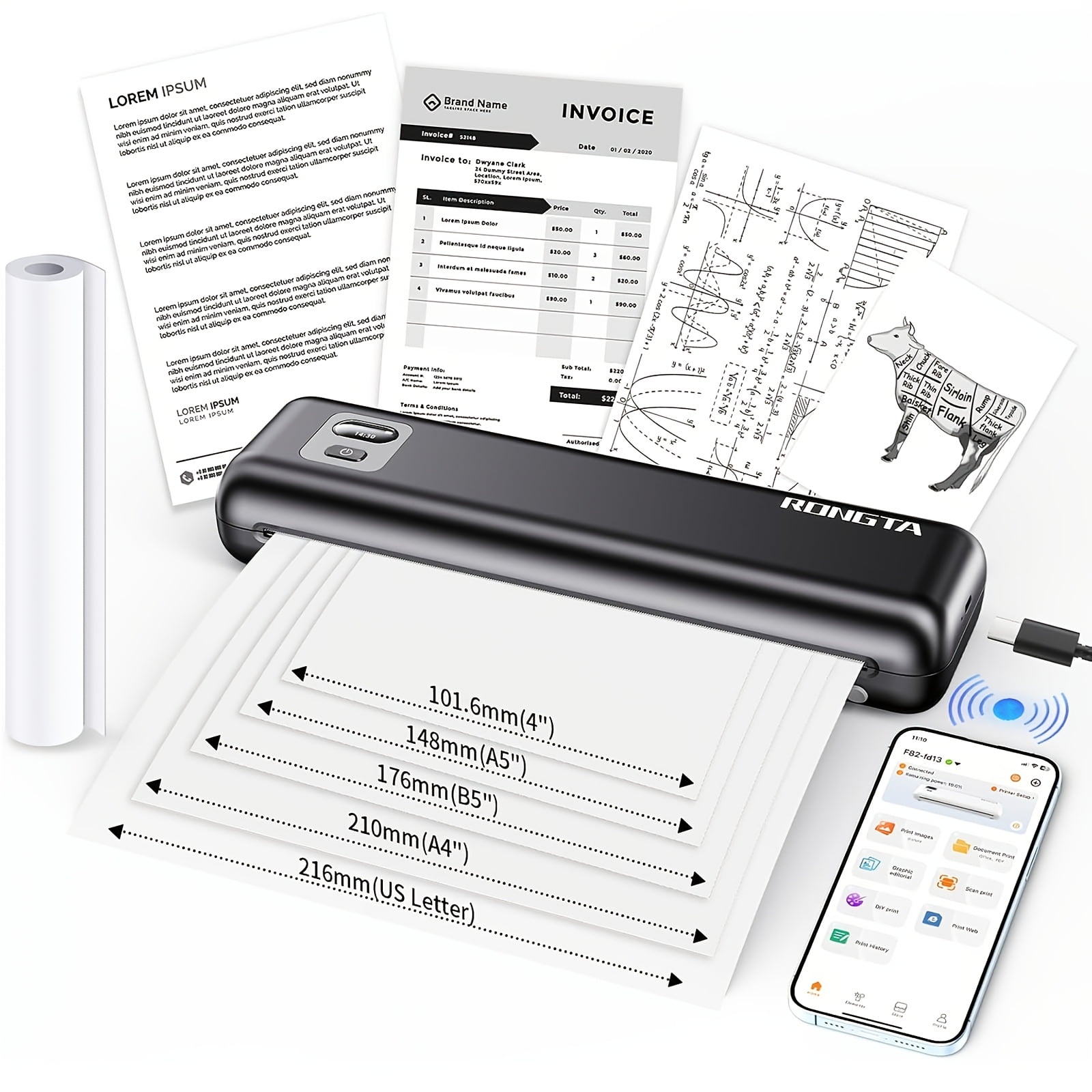 Wireless & Portable A4 Thermal Printer, Inkless, Compatible with Phone, Android, Laptop for Home, Office and Travel Use, Includes 1 Roll of Paper