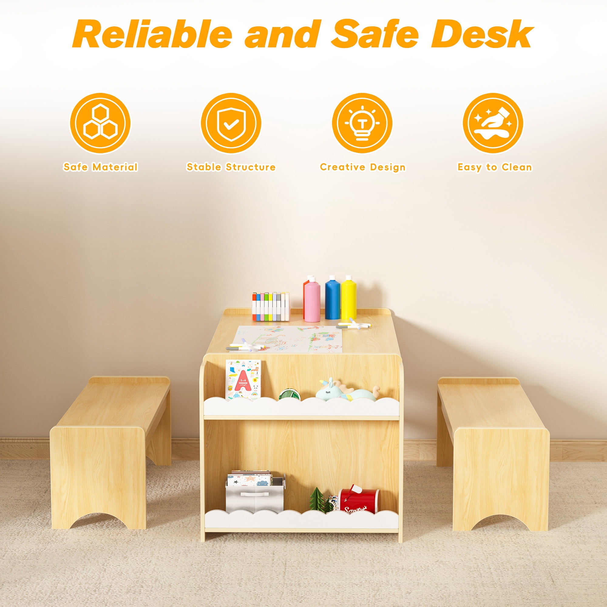 Reasea Wooden Kids Table and Chair Set, Activity Table with Storage, Kids Craft Desk