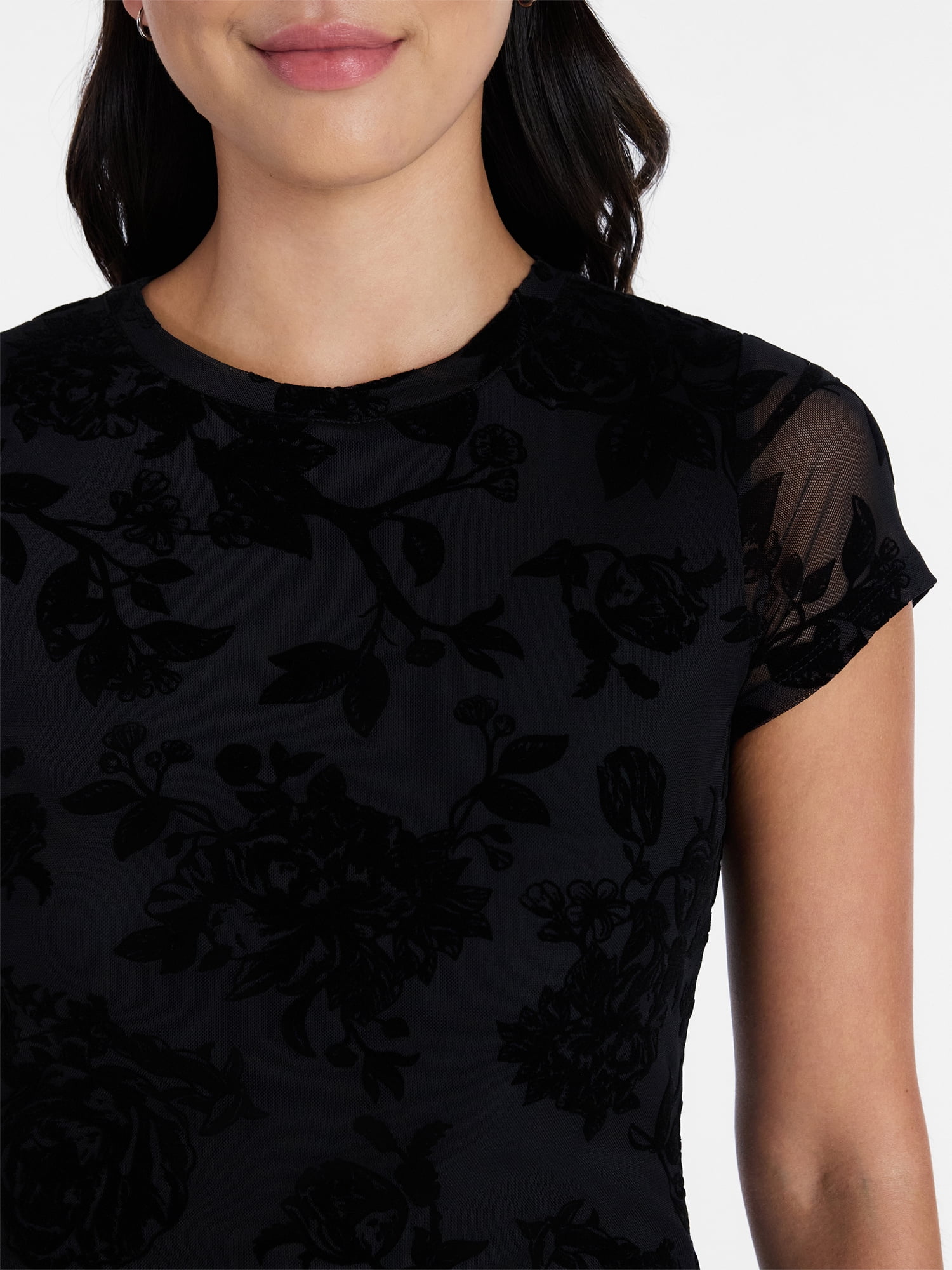 Madden NYC Women’s Flocked Floral Mesh Crewneck Tee with Short Sleeves, Sizes XXS-XXL