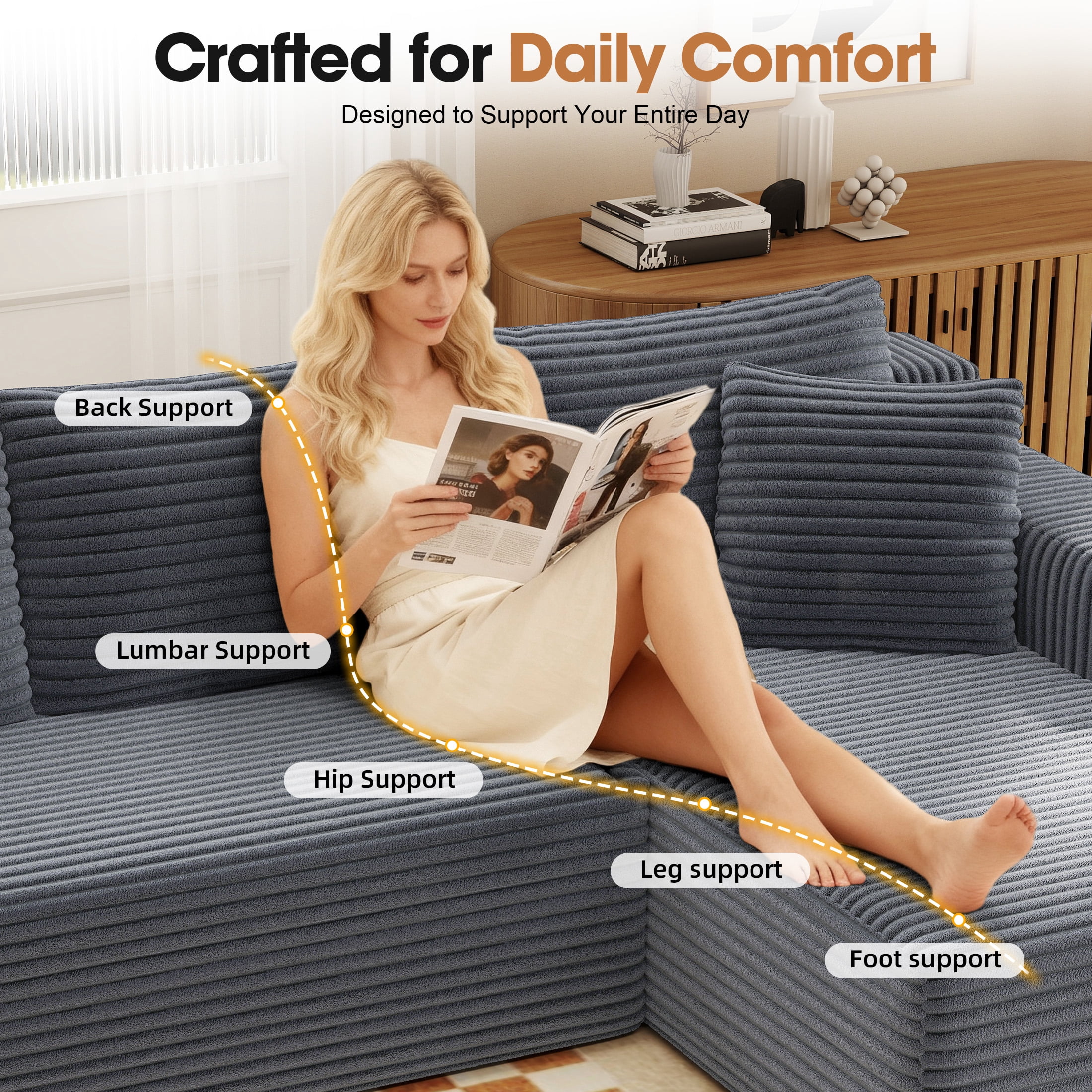 Aukfa Modular Sectional Sofa with Chaise, 95" Boneless Cloud Couch for Living Room, Gray