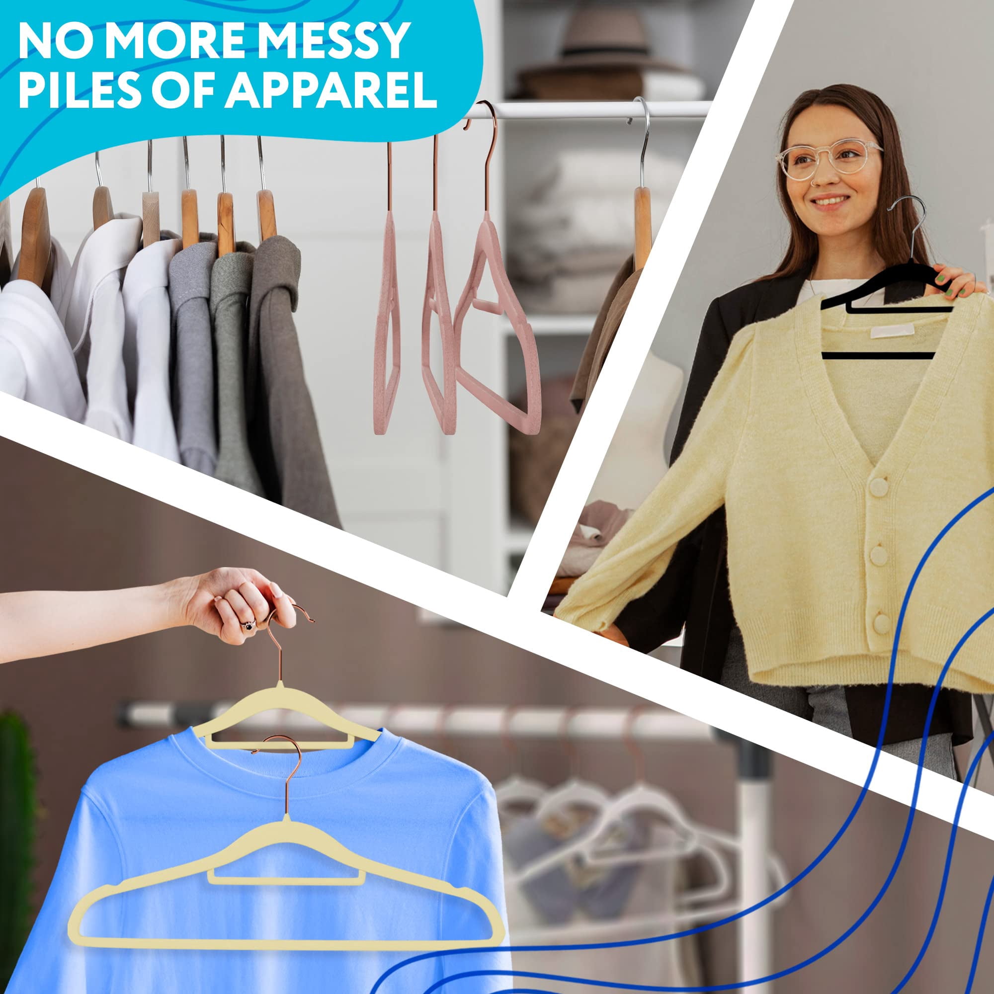 Black Velvet Hangers - Pack of 150 Non Slip with 360 Rotating Chrome Hook, Notched Shoulders