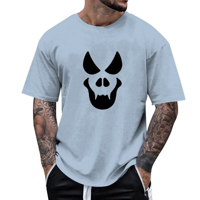 TSADFHJI Tops for Mens Winter Men's Print Theme Shirt Printed Solid Color Short Sleeve Tops S Light Blue
