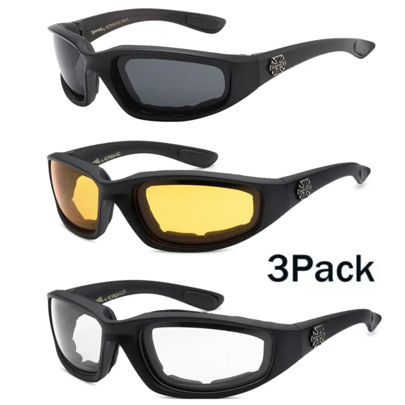 3 Pairs Motorcycle Sports Sunglasses Biker Riding Glasses Padded Wind Resistant