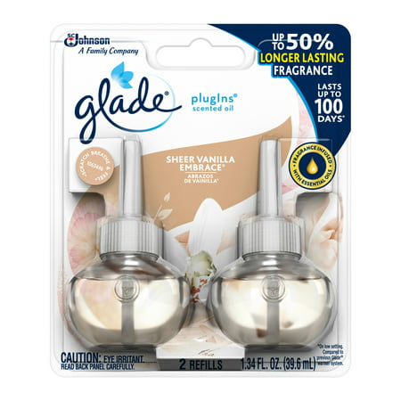 Glade PlugIns Scented Oil Refill Sheer Vanilla Embrace, Essential Oil Infused Wall Plug In, Up to 100 Days of Continuous Fragrance, 1.34 oz, Pack of