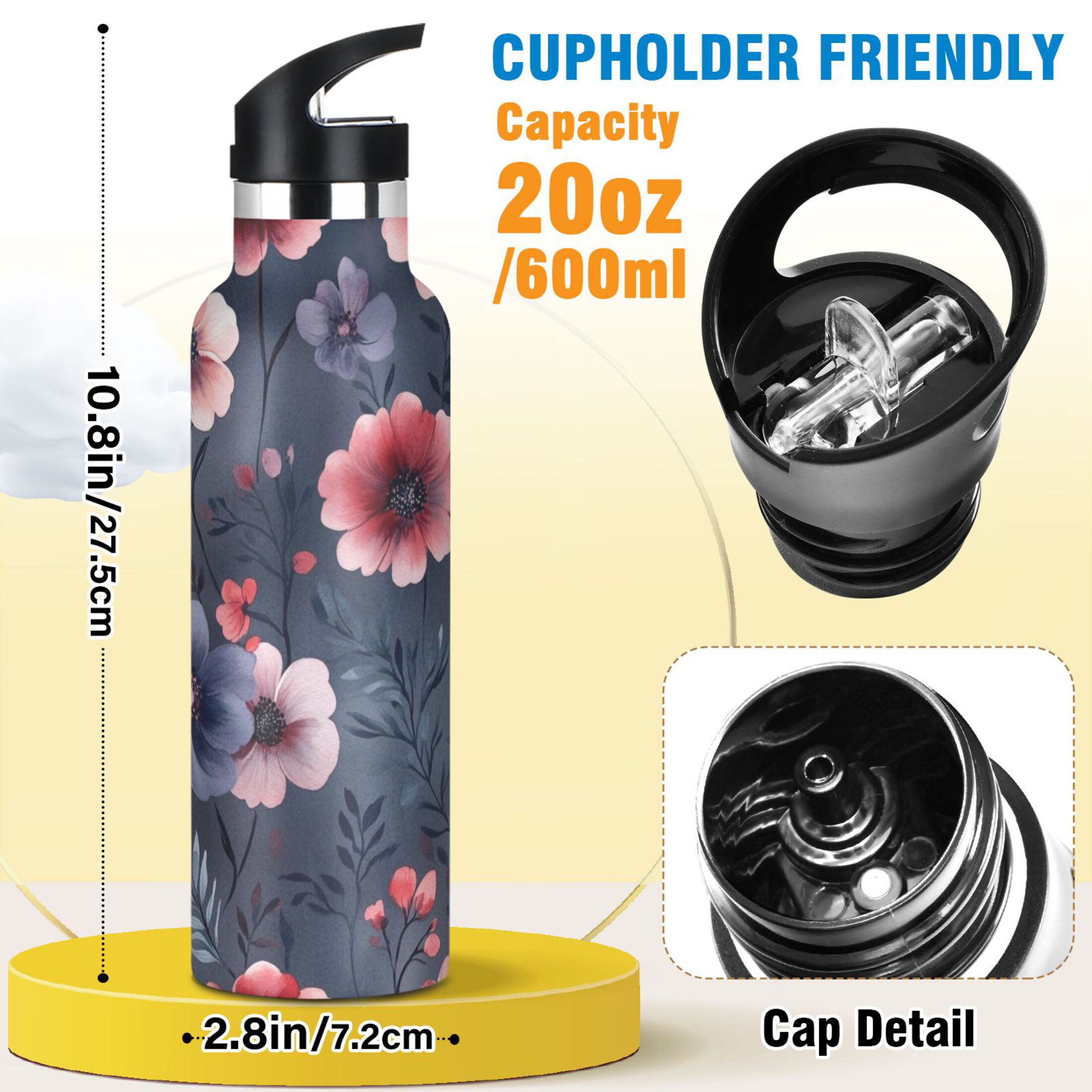 Kids Insulated Stainless Steel Sports Water Bottle 600ml (20oz) Red and Purple Floral Pattern