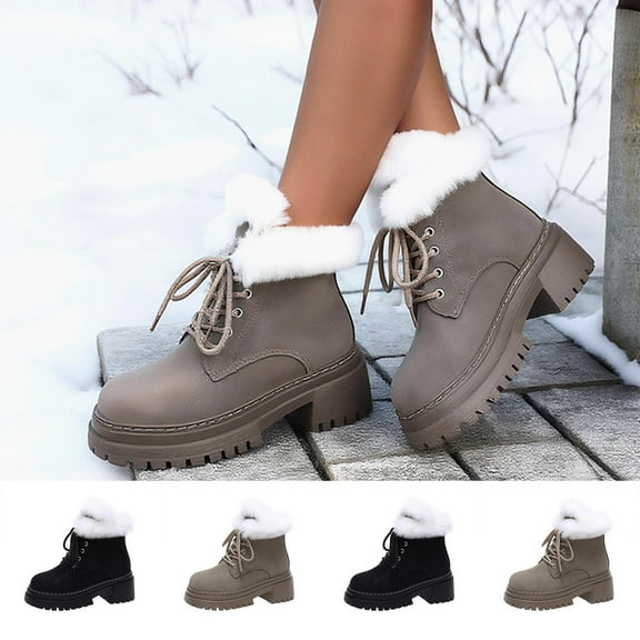 Womens Winter Boots Chunky Heel Round Toe Lace-Up Mid-Heel Ankle Boots Fashion Casual Warm Fall Winter Shoes for Women Gray 7