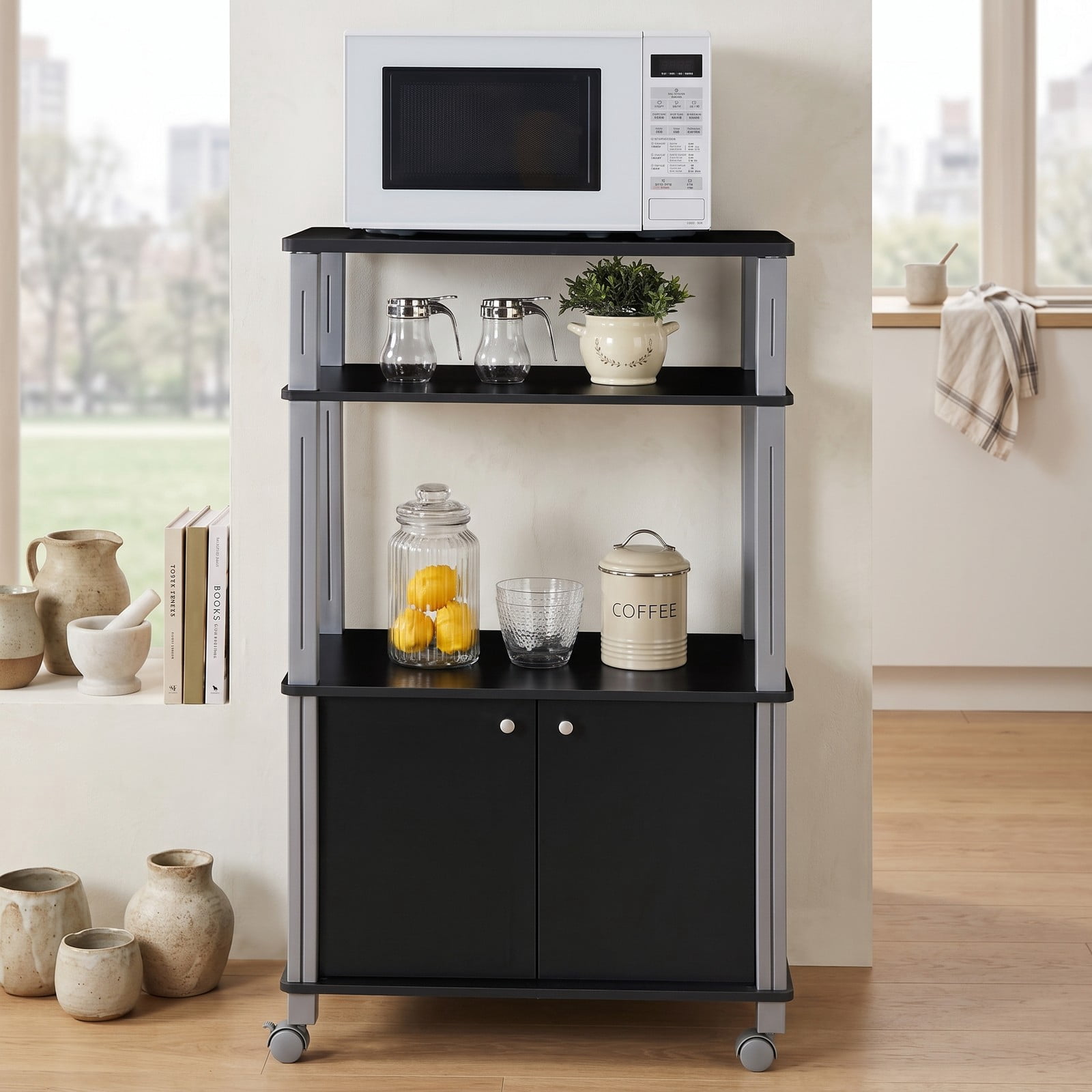 RUIE 3-Tier Microwave Stand with 2-Door Cabinet, Rolling Kitchen Storage Cart for Dining Room, Black