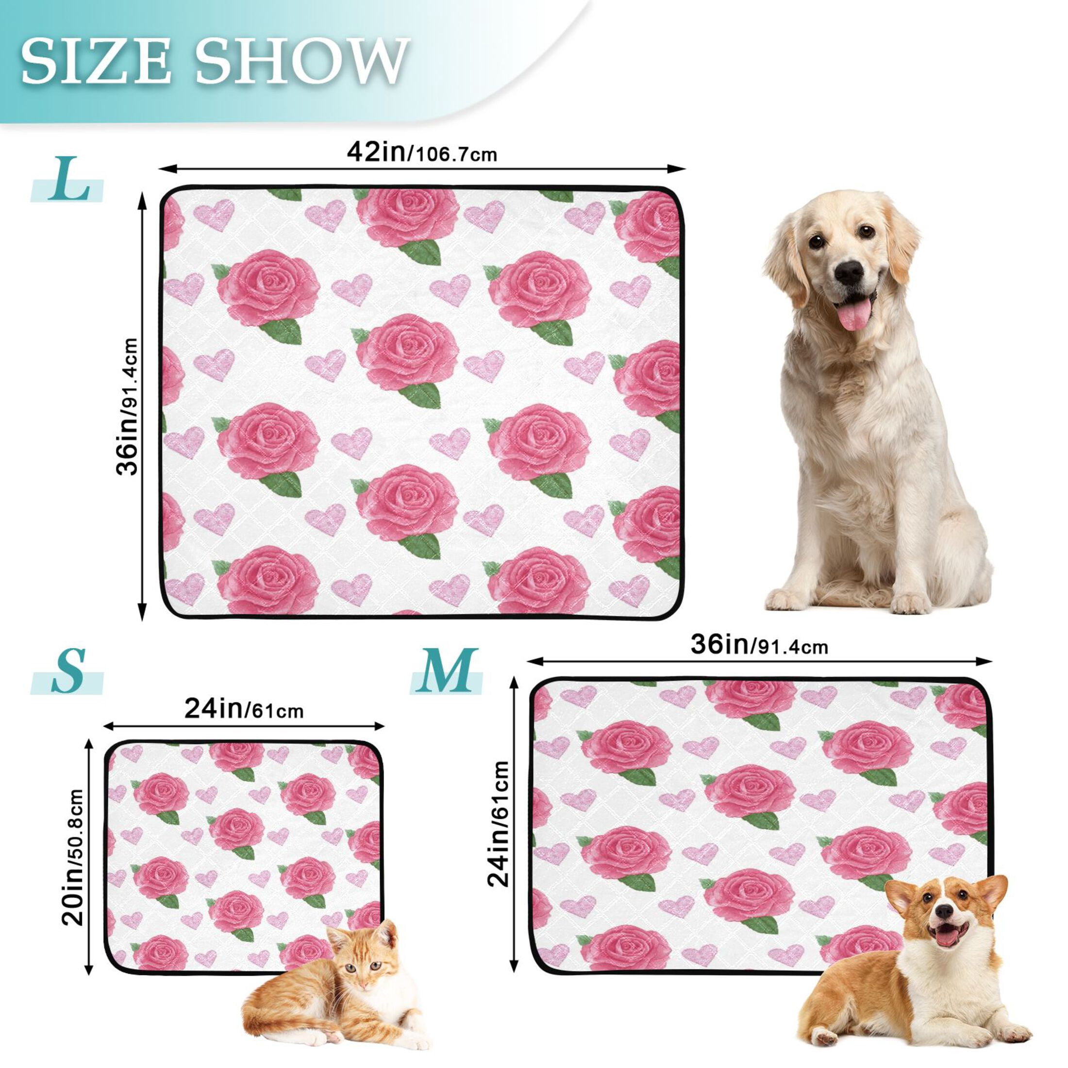 Washable Pet Pee Pads Soft Plush Absorbent Mat Non-Slip Floor Protector for for Dogs & Cats Pink Roses and Red Hearts