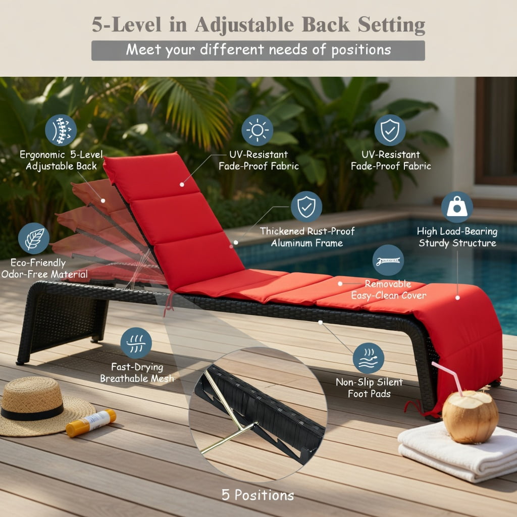 Hommoo Adjustable Outdoor Rattan Chaise Lounge Chair with Thick Cushion, PE Wicker Recliner for Patio, Pool & Garden, Red