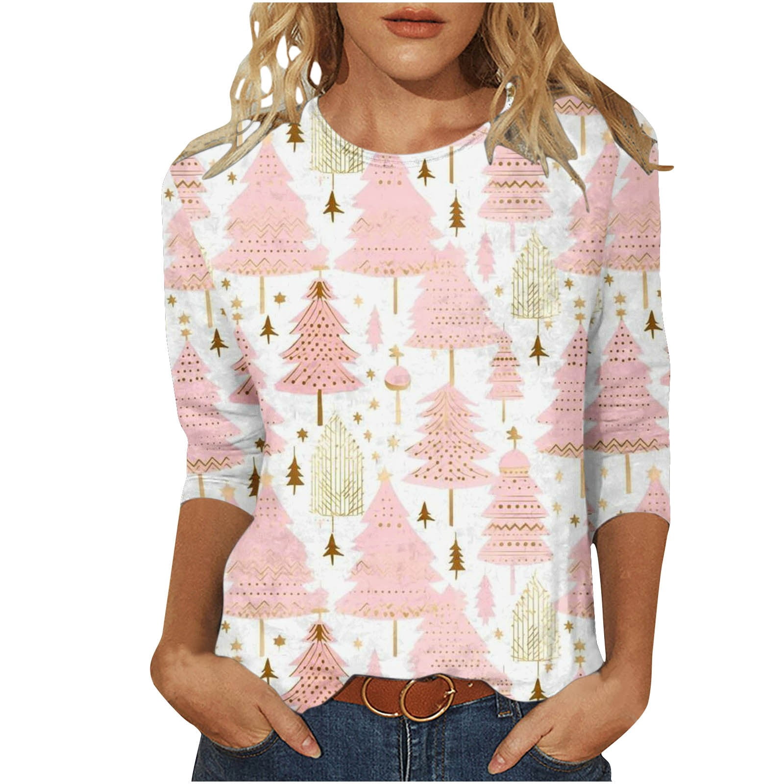 Wancir Merry Christmas Shirts Women's 3/4 Sleeve Xmas Tree Vintage Graphic Tee Tops Holidays O-Neck Baseball T Shirt Blouse