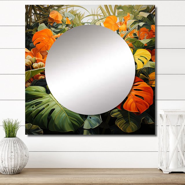Designart "Tropical Foliage in Orange and Green III" Tropical Square Mirror For Wall Decor - Large Orange Square Mirror Printed Wall Decor - Traditional Square Living Room Mirror