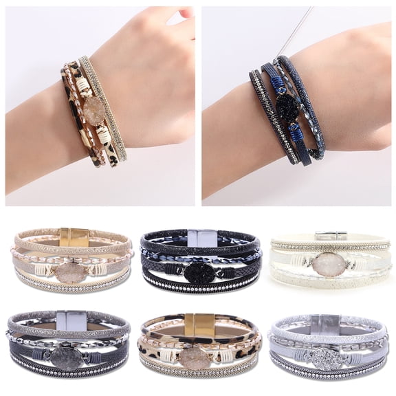 SmartBy Women Cuff Bangle Four Layers Faux Crystal Rhinestone Retro Fake Leather Magnetic Clasp Girls Wrap Bracelet Fashion Jewelry Gift