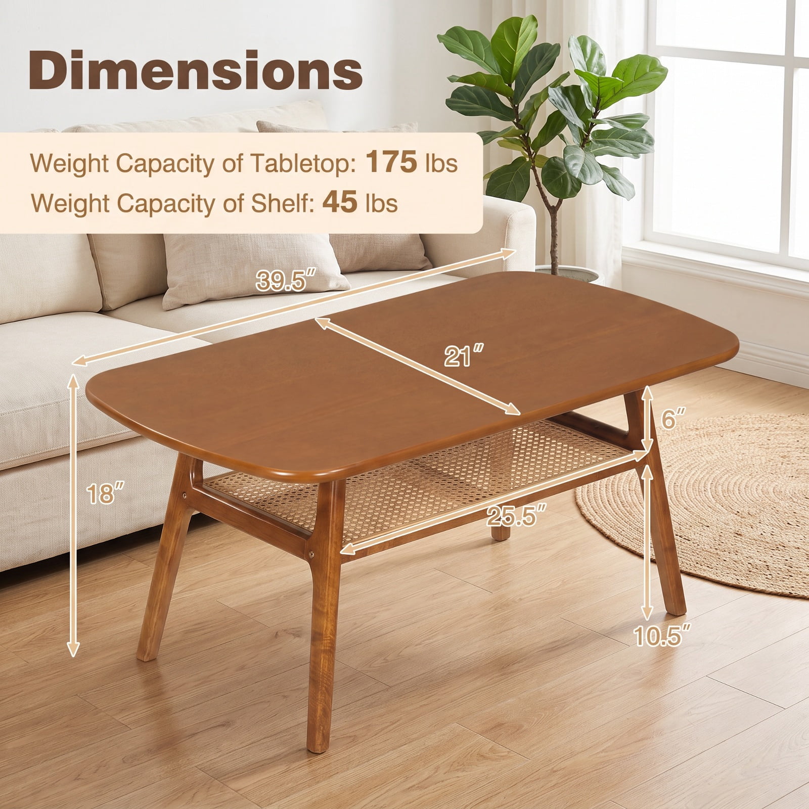 Furnibear 2 Tier Boho Rattan Coffee Table with Rounded Corners Rubber Wood Frame and Woven Open Shelf for Living Room, Walnut
