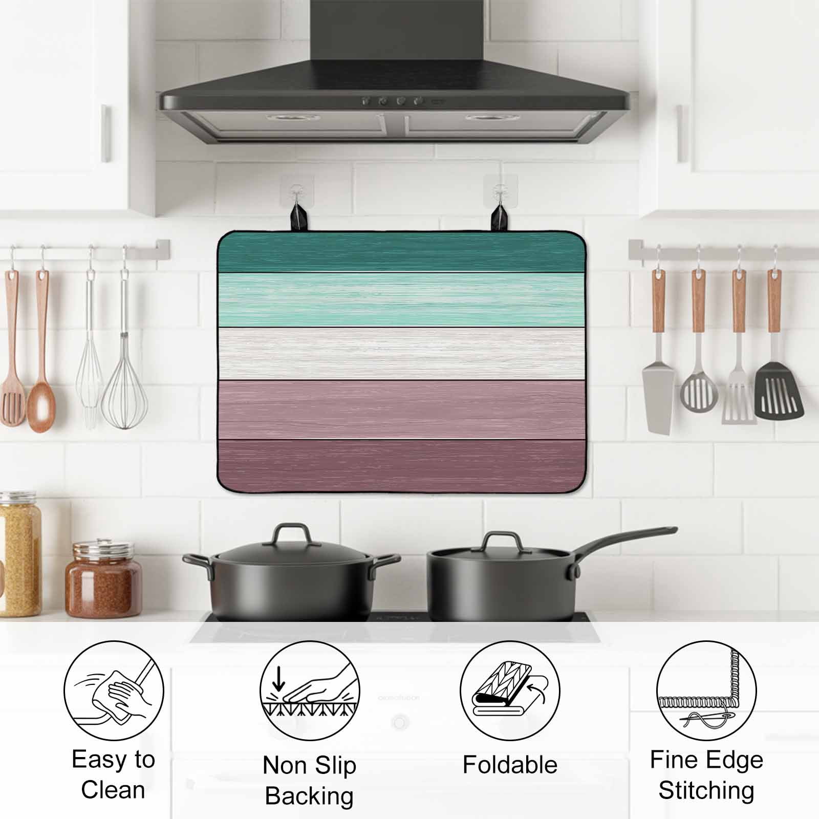 Purple Green Wood Grain Stove Top Cover for Electric Stove, Heat-proof & Non Slip Glass Top Stove Cover Protector, Rustic Retro Wooden Plank Kitchen Flat Cooktop Rubber Mat 36x21 Inches