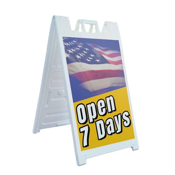 Open 7 Days 24" x 36" Double Sided A-Frame Sidewalk Sign Includes 2 Plastic Inserts | Foldable Portable White Signicade Sandwich Board | Business Hours Convenient Access Clear Messaging